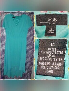 AGB brand Mint Green Hi-Lo Soft Woven Dress w/Lattice V-Neck Detail Sz 14
